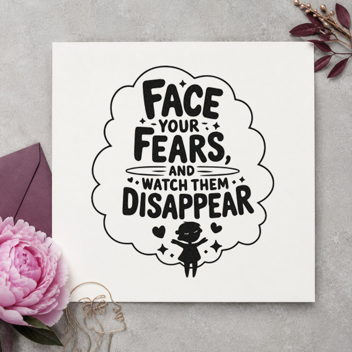 Face Fears Watch Disappear rubber stamp printed in black ink, ready for cloud outline cards and similar paper crafts.