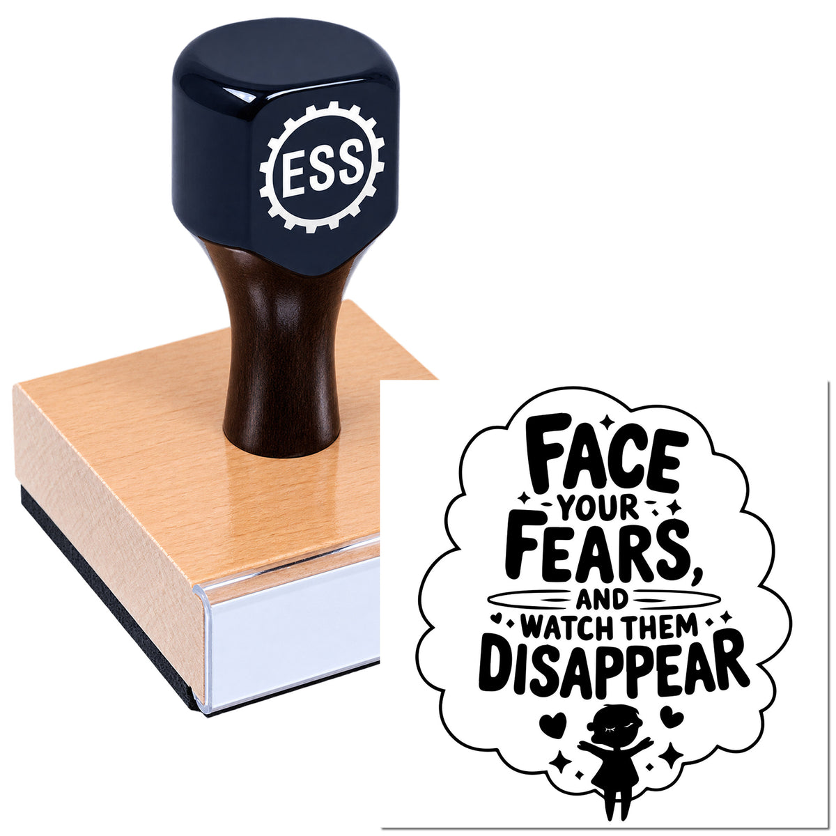 Black ESS stamp and pink seal block with motivational seal graphic reading "Face your fears, and watch them disappear."