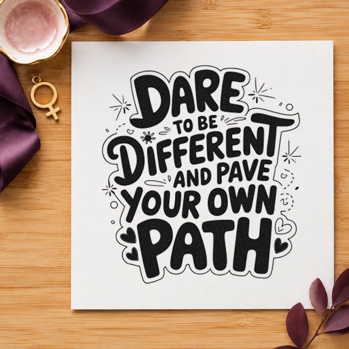 Dare Different Own Path craft stamp in black ink on cardstock, an easy option for costume album page.