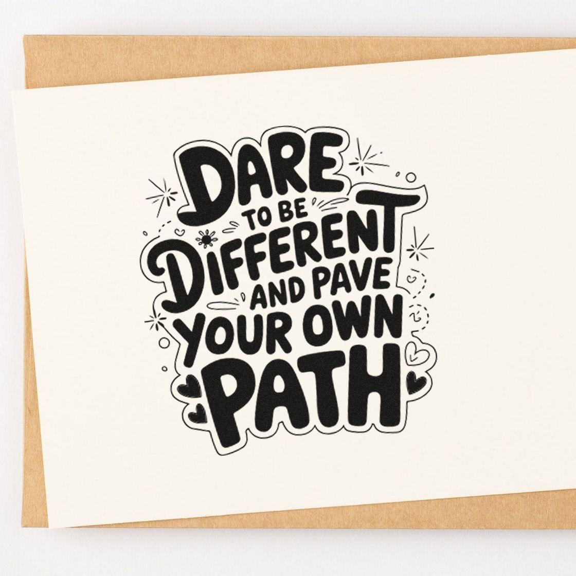 Black custom stamp and seal design on white card over tan envelope, with bold slogan and doodle accents.