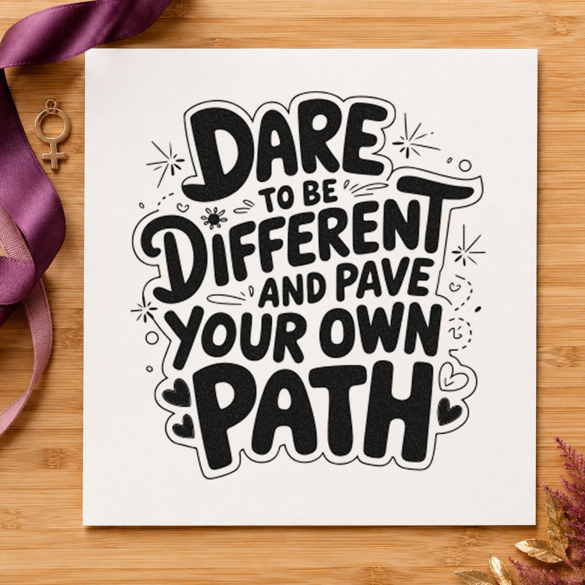 Dare Different Own Path craft stamp imprint in black ink on a handmade project, one idea being costume gift tags.