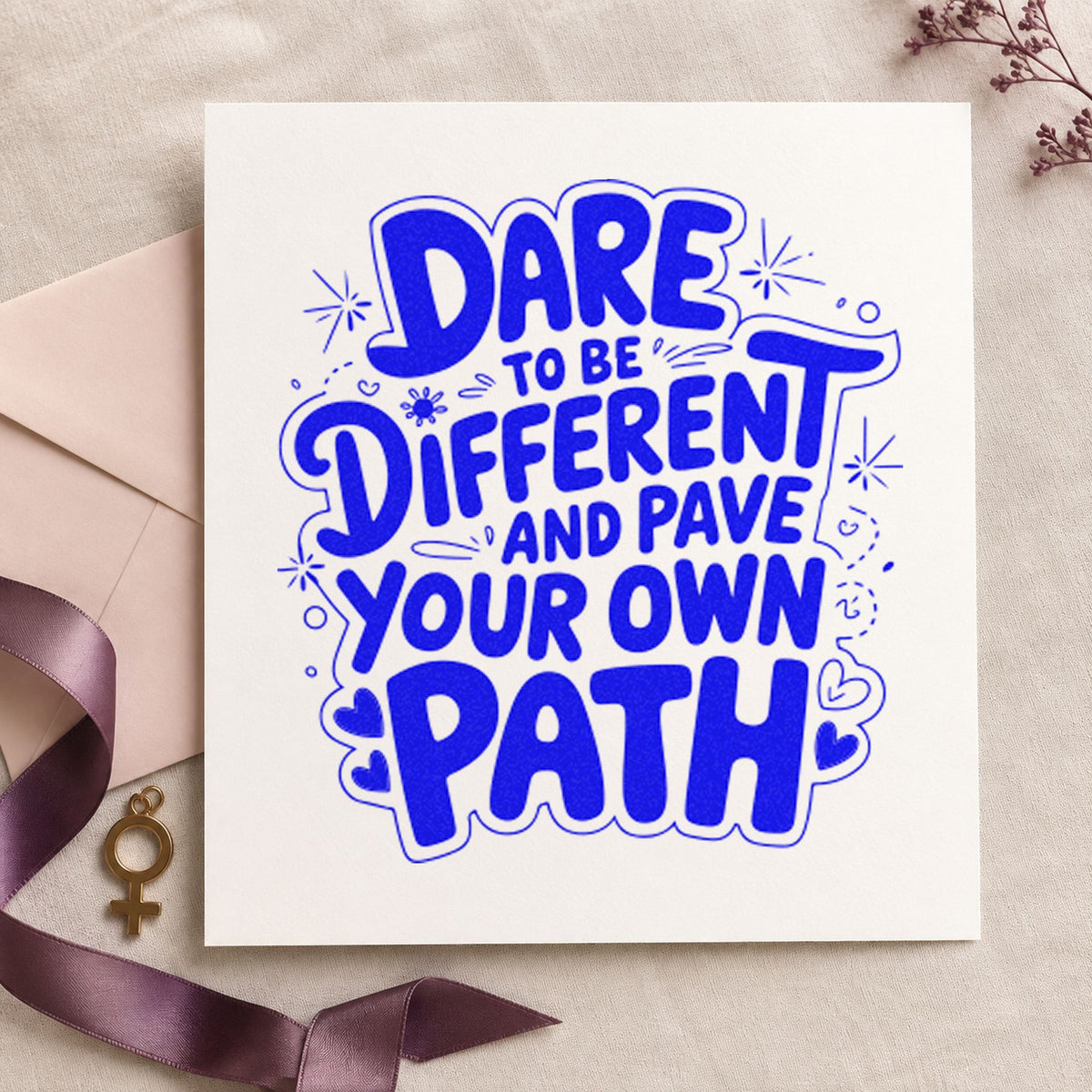 Dare Different Own Path craft stamp imprinted in blue ink on paper, a design suited to framed craft corner.