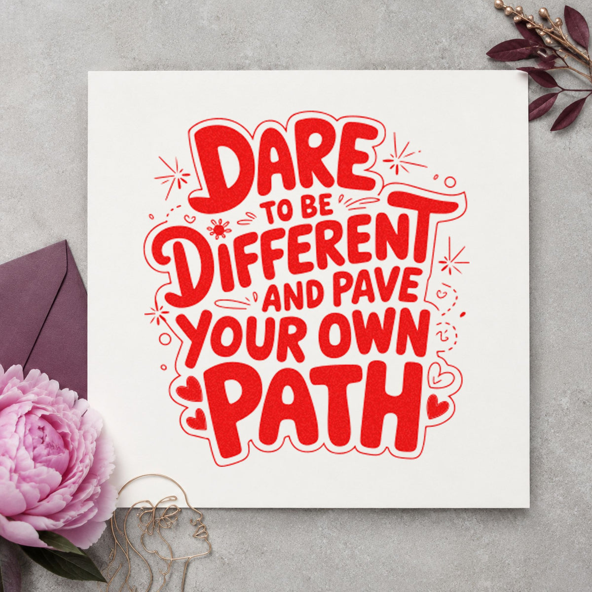 Dare Different Own Path rubber stamp shown in red ink, stamped for projects such as bin trim labels.