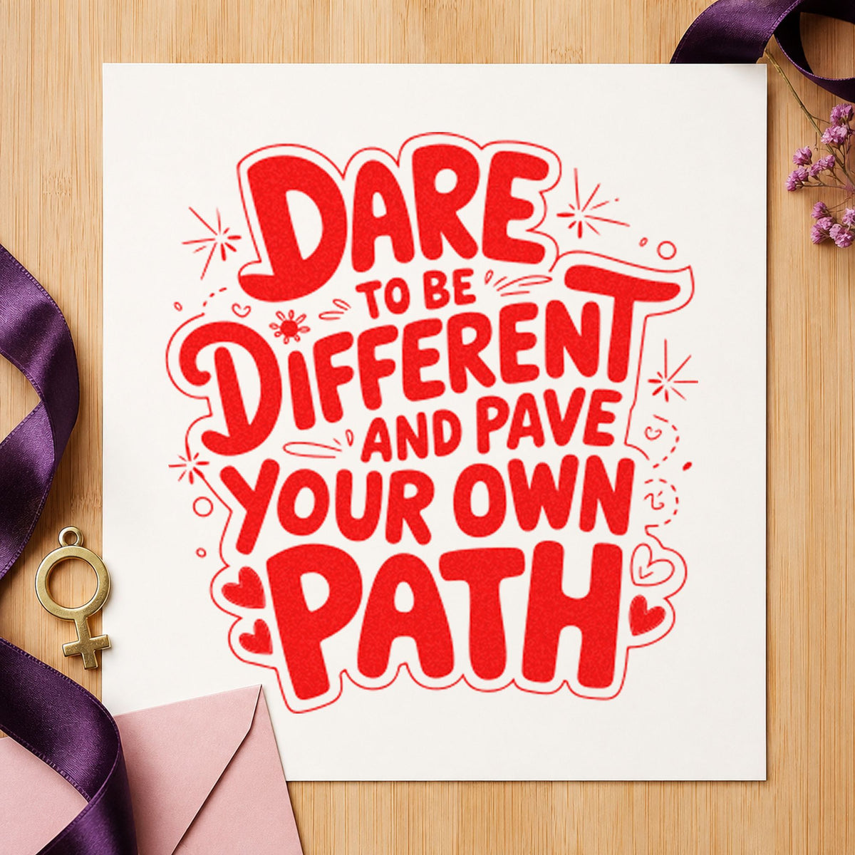 Dare Different Own Path craft stamp imprint in red ink on a handmade project, one idea being photo pose cards.
