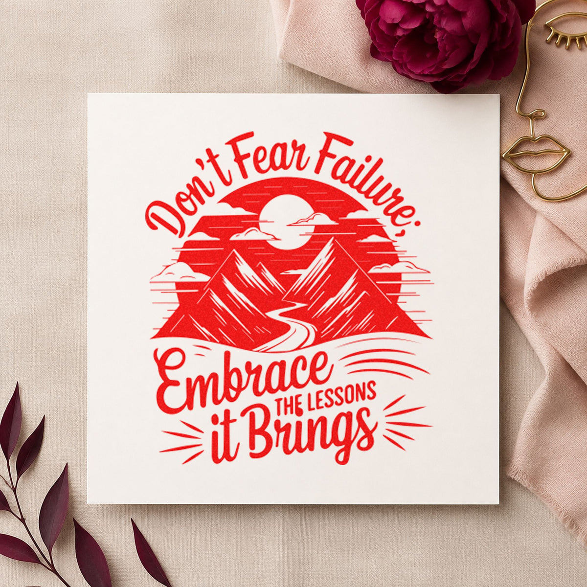 Embrace Lessons Failure Mountains rubber stamp shown in red ink, stamped for projects such as bin problem labels.
