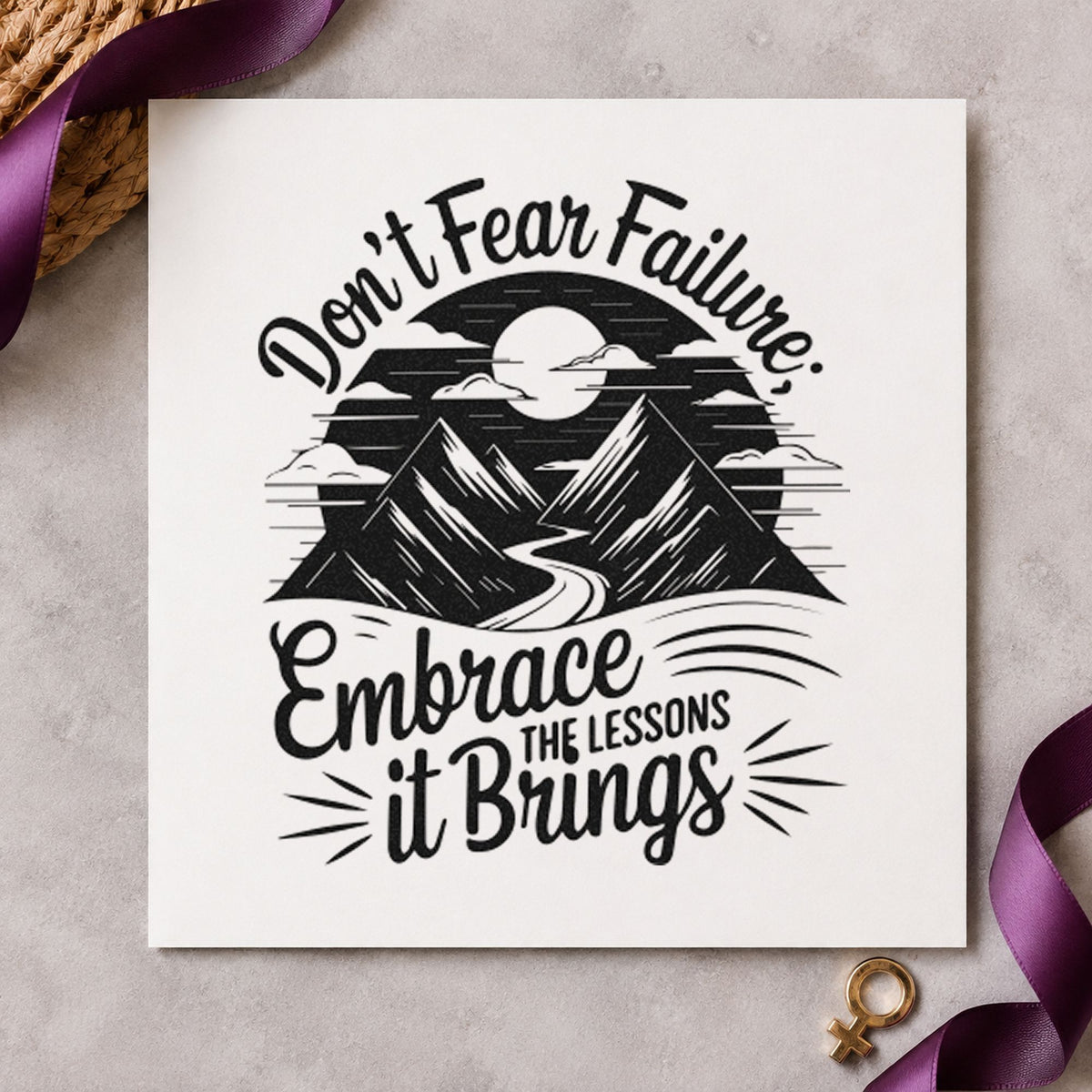 Embrace Lessons Failure Mountains rubber stamp printed in black ink, ready for mountain sun cards and similar paper crafts.