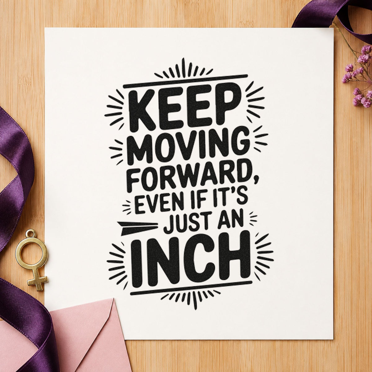 Keep Moving Forward Inch craft stamp imprint in black ink on a handmade project, one idea being timber gift tags.