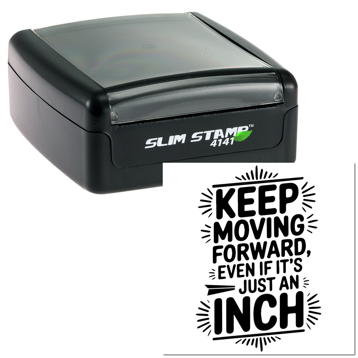 Black slim self-inking stamp and seal set with white and green branding and bold Keep moving forward message.