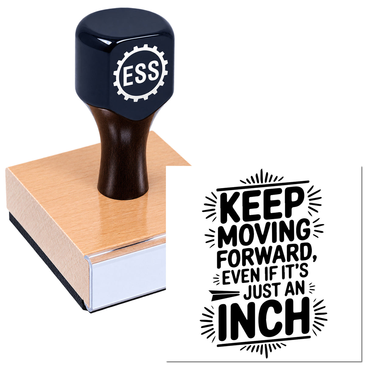 Black ESS custom stamp and seal on cardboard block, with bold Keep Moving Forward message in black.