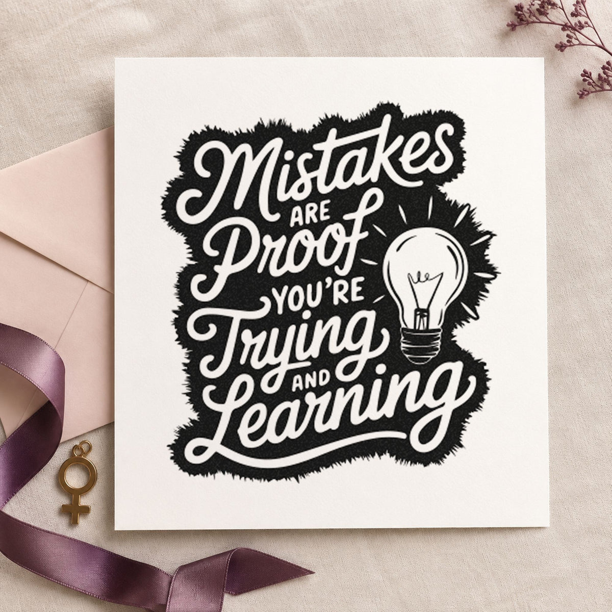 Mistakes Proof Trying Learning rubber stamp printed in black ink, ready for practice set sheet and similar paper crafts.