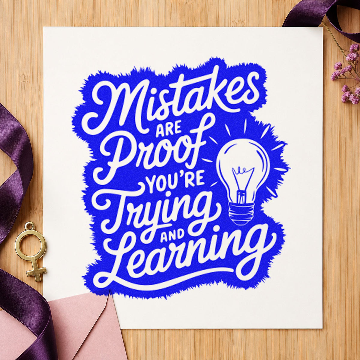 Mistakes Proof Trying Learning craft stamp imprinted in blue ink on paper, a design suited to framed homework corner.