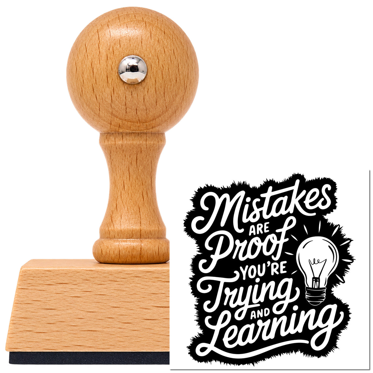 Vintage Pro beech wood stamp with a round knob handle, shown with its black Lightbulb With Mistakes And Learning Script imprint on white.