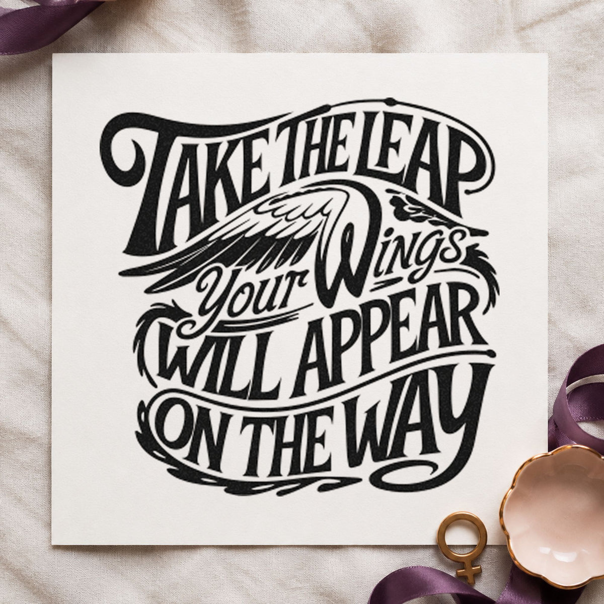 Take Leap Wings Appear craft stamp in black ink on cardstock, an easy option for studio album page.