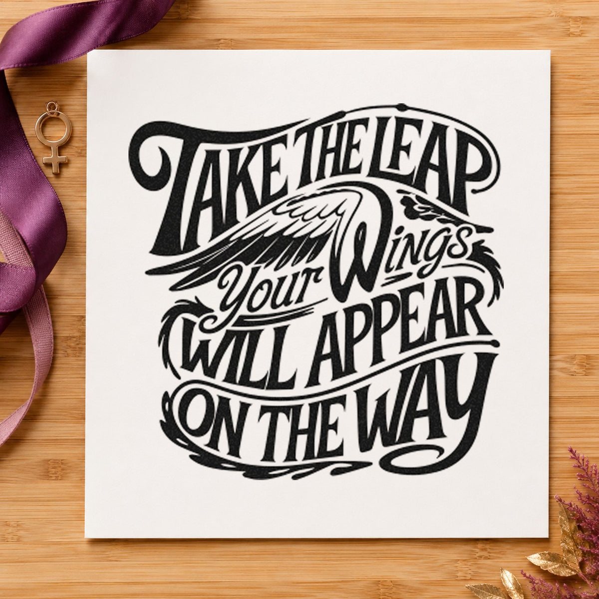 Take Leap Wings Appear rubber stamp printed in black ink, ready for fit out task sheet and similar paper crafts.
