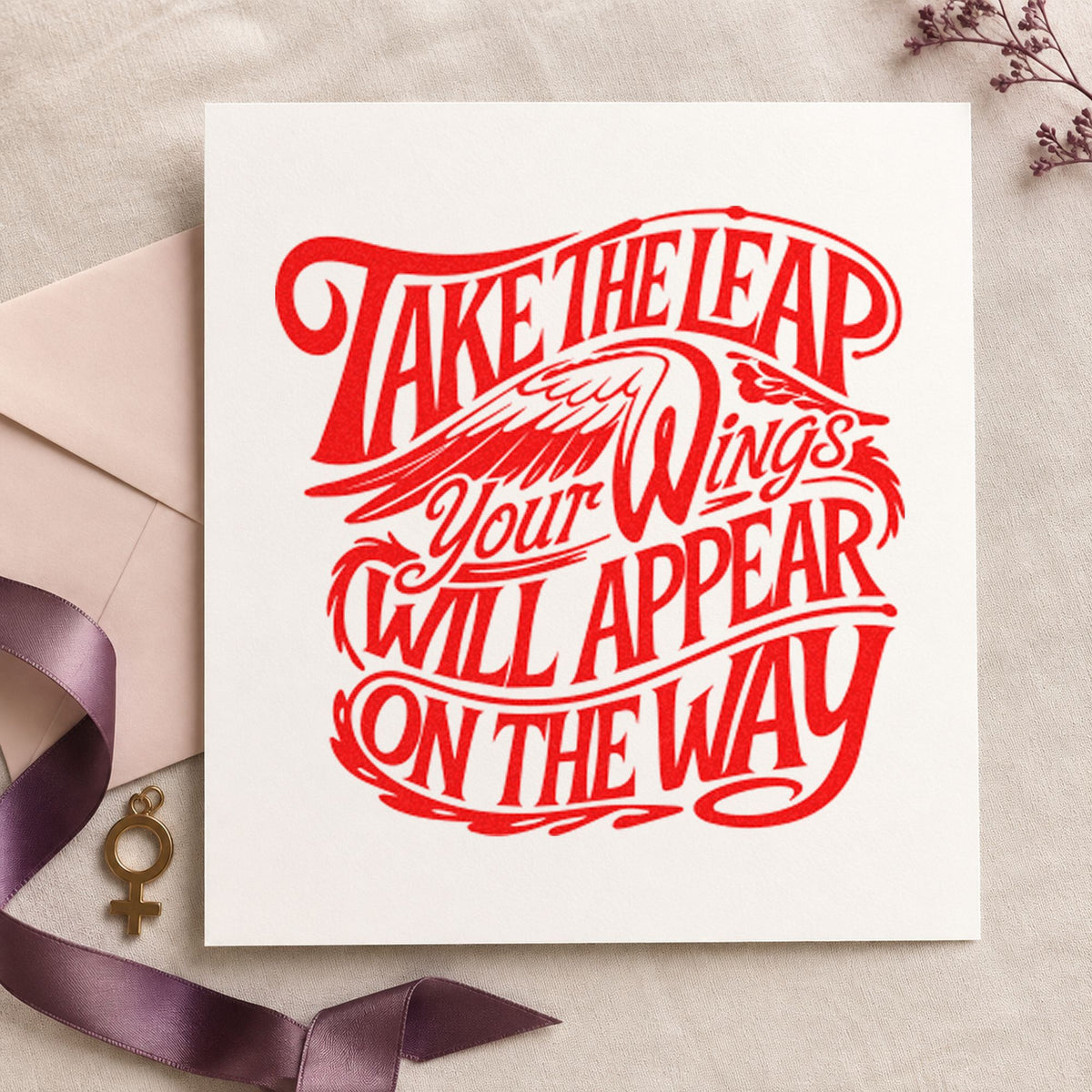 Take Leap Wings Appear rubber stamp shown in red ink, stamped for projects such as shelf stock labels.