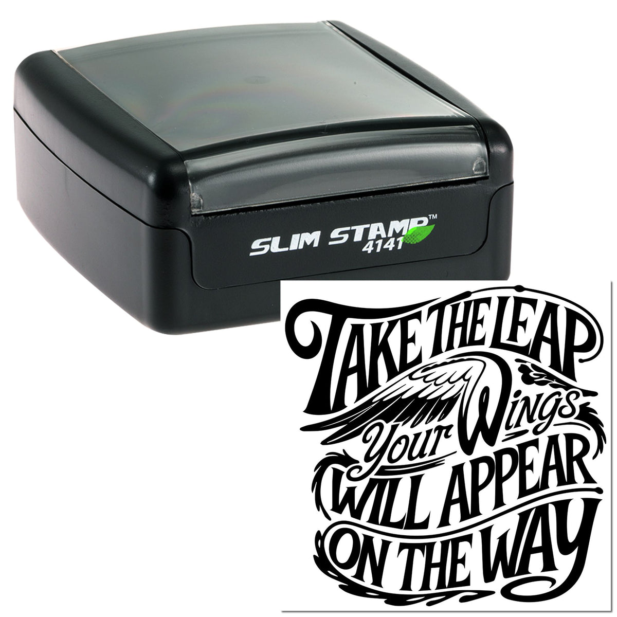 Black self-inking stamp and custom seal with bold white text and winged slogan design on white background.