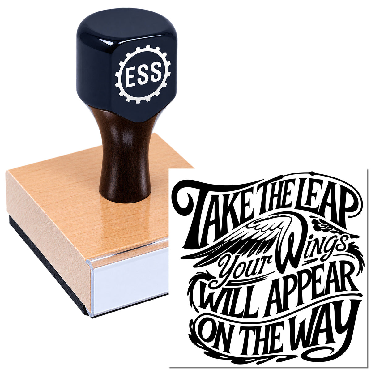 Black ESS rubber stamp on a pink seal block beside a bold black "Take the Lead..." decorative seal design