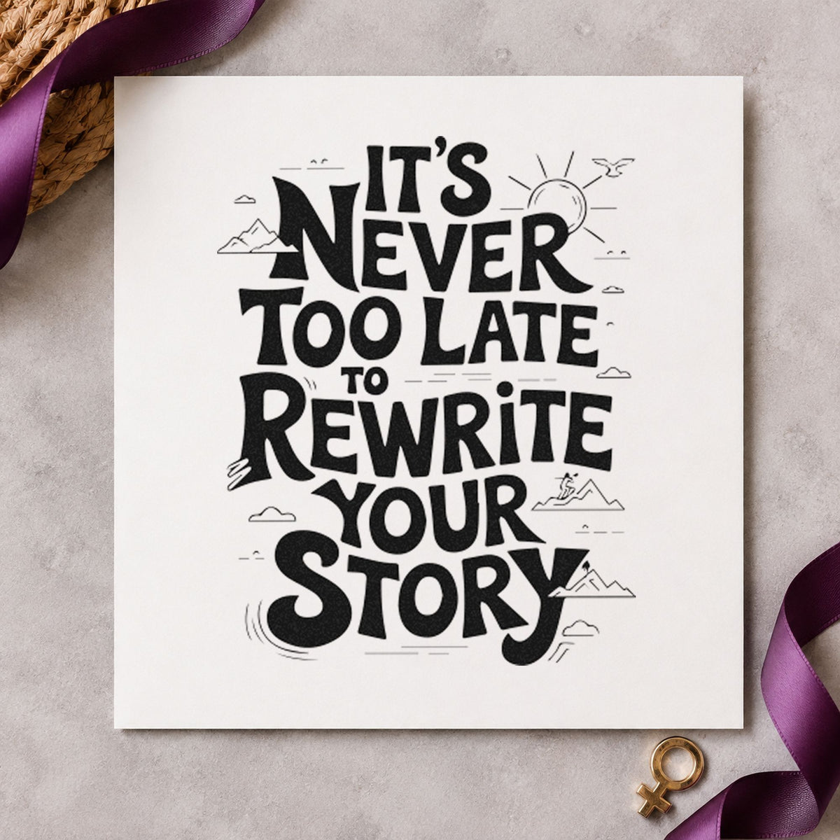 Never Late Rewrite Story craft stamp in black ink on cardstock, an easy option for class term album page.