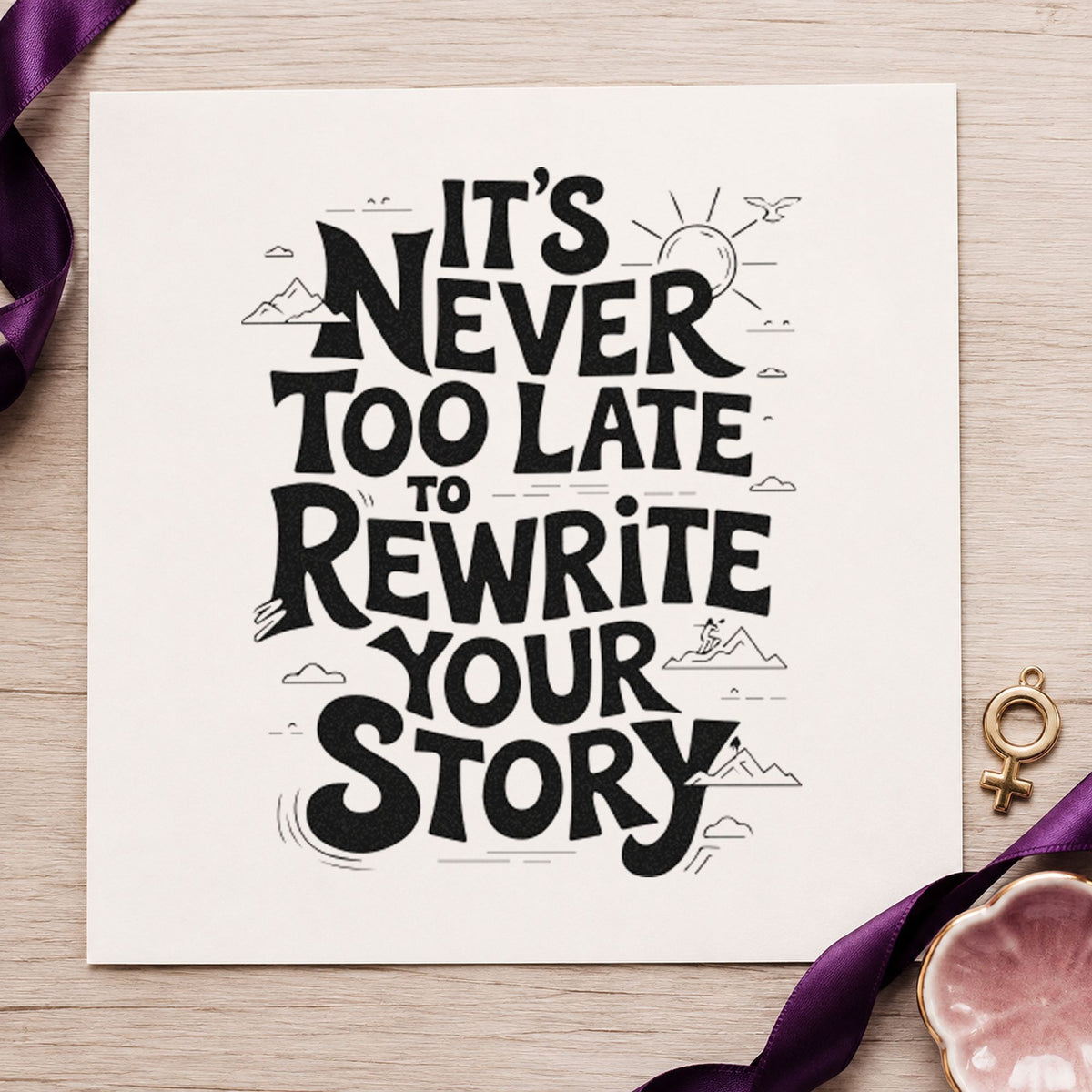 Never Late Rewrite Story rubber stamp printed in black ink, ready for class book sheet and similar paper crafts.