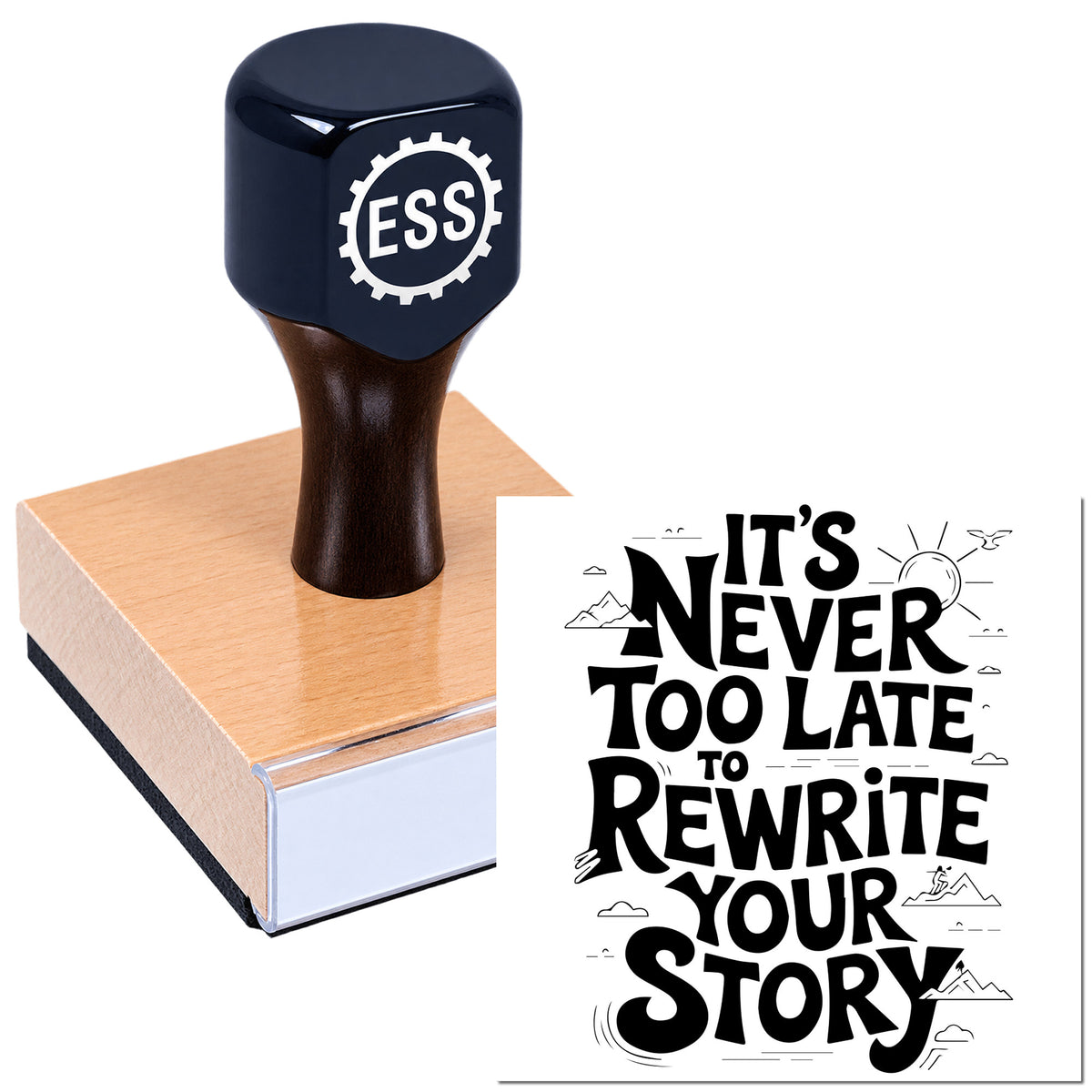 Black craft rubber stamp from ESS with "Rewrite Your Story" message on a wooden handle, ideal for card making projects.