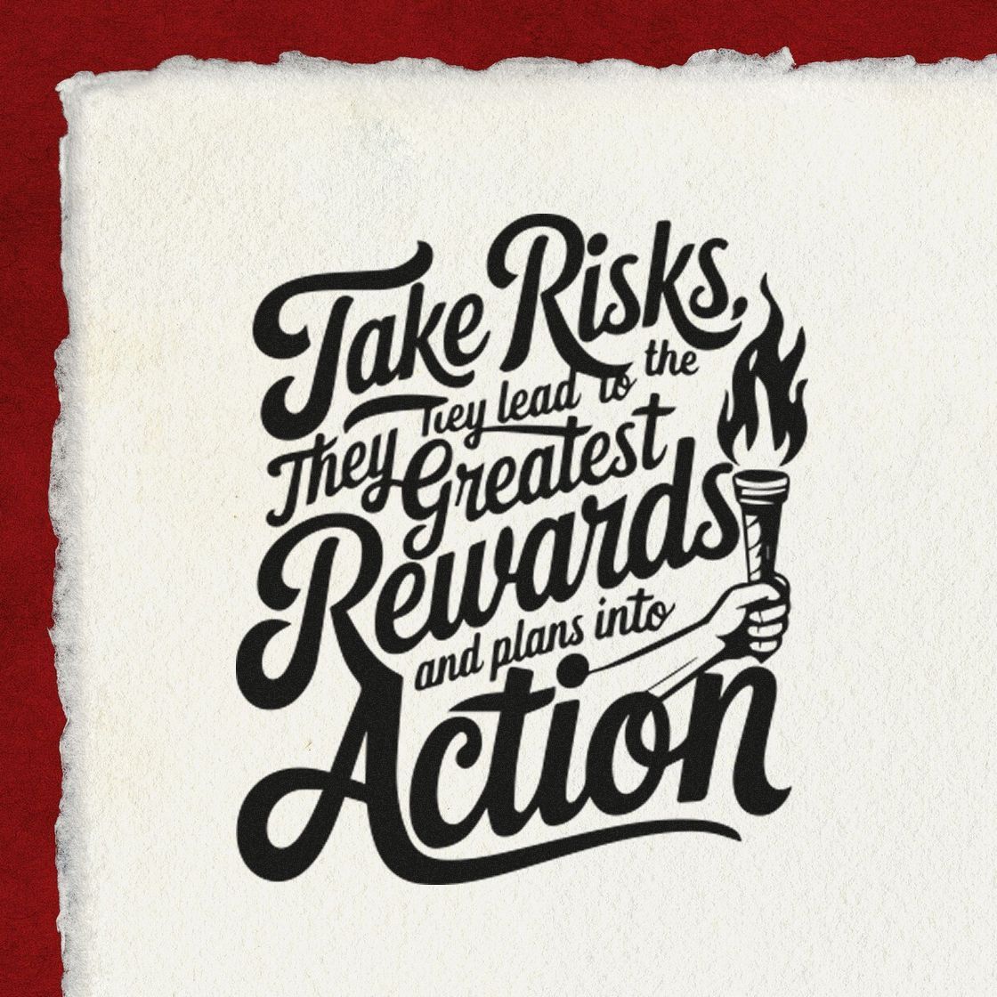 Black custom stamp and seal design on white textured paper, red background, with torch icon and Take RisksAction quote