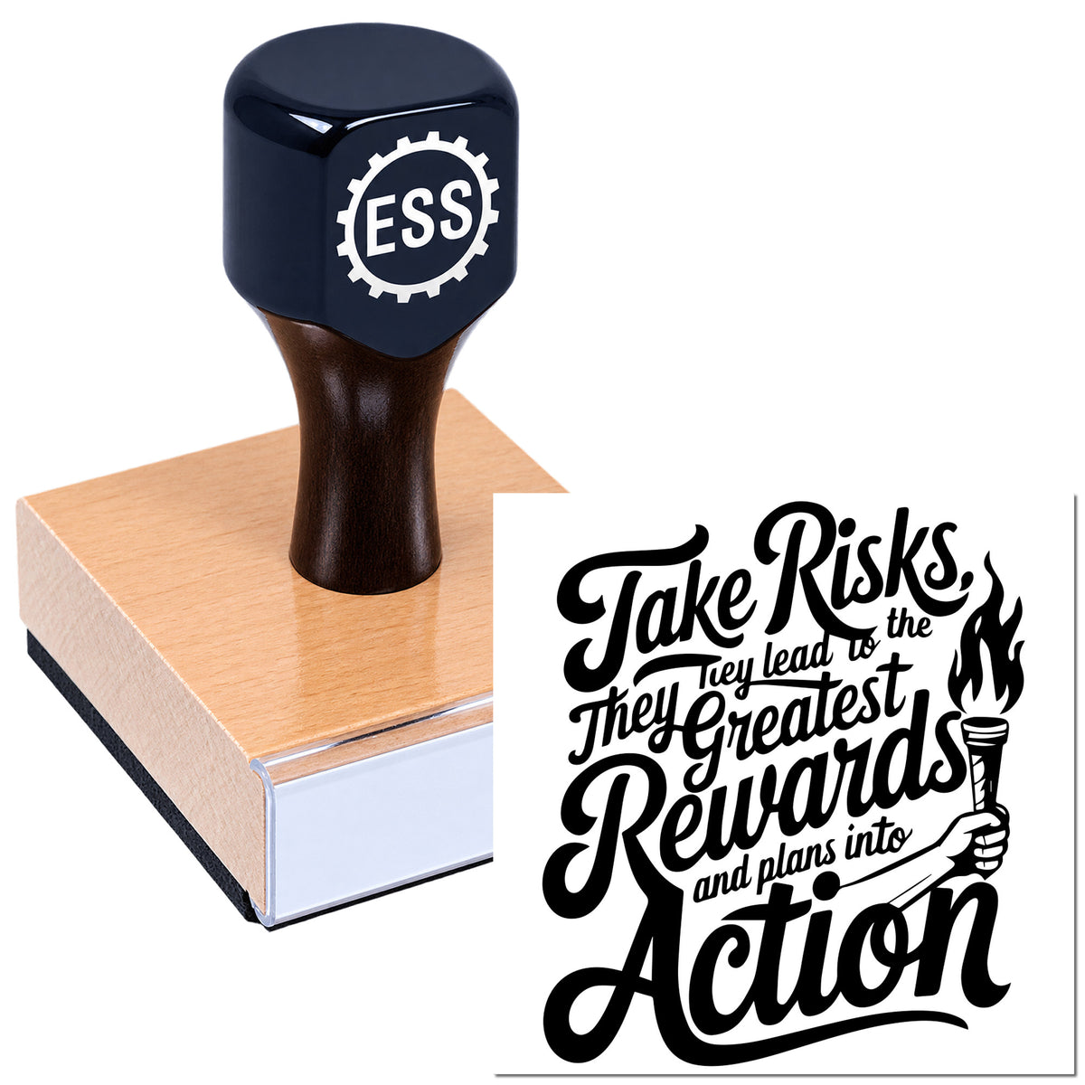 Dark blue ESSI rubber stamp and seal with wooden base, featuring bold black script design on white.