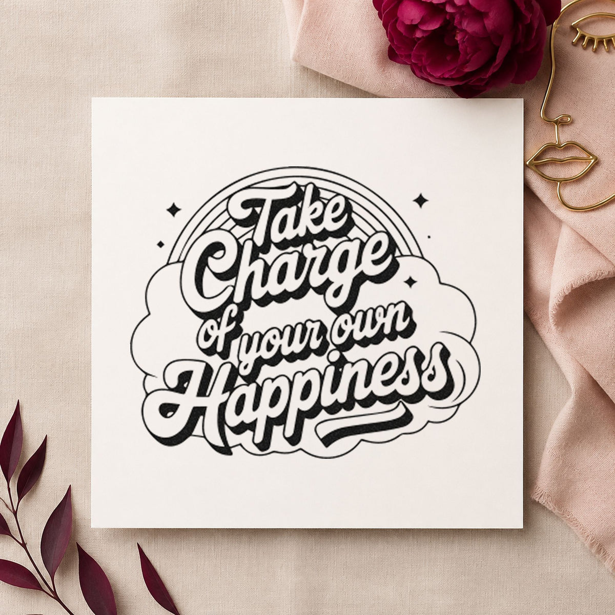 Take Charge Own Happiness craft stamp imprint in black ink on a handmade project, one idea being supply gift tags.