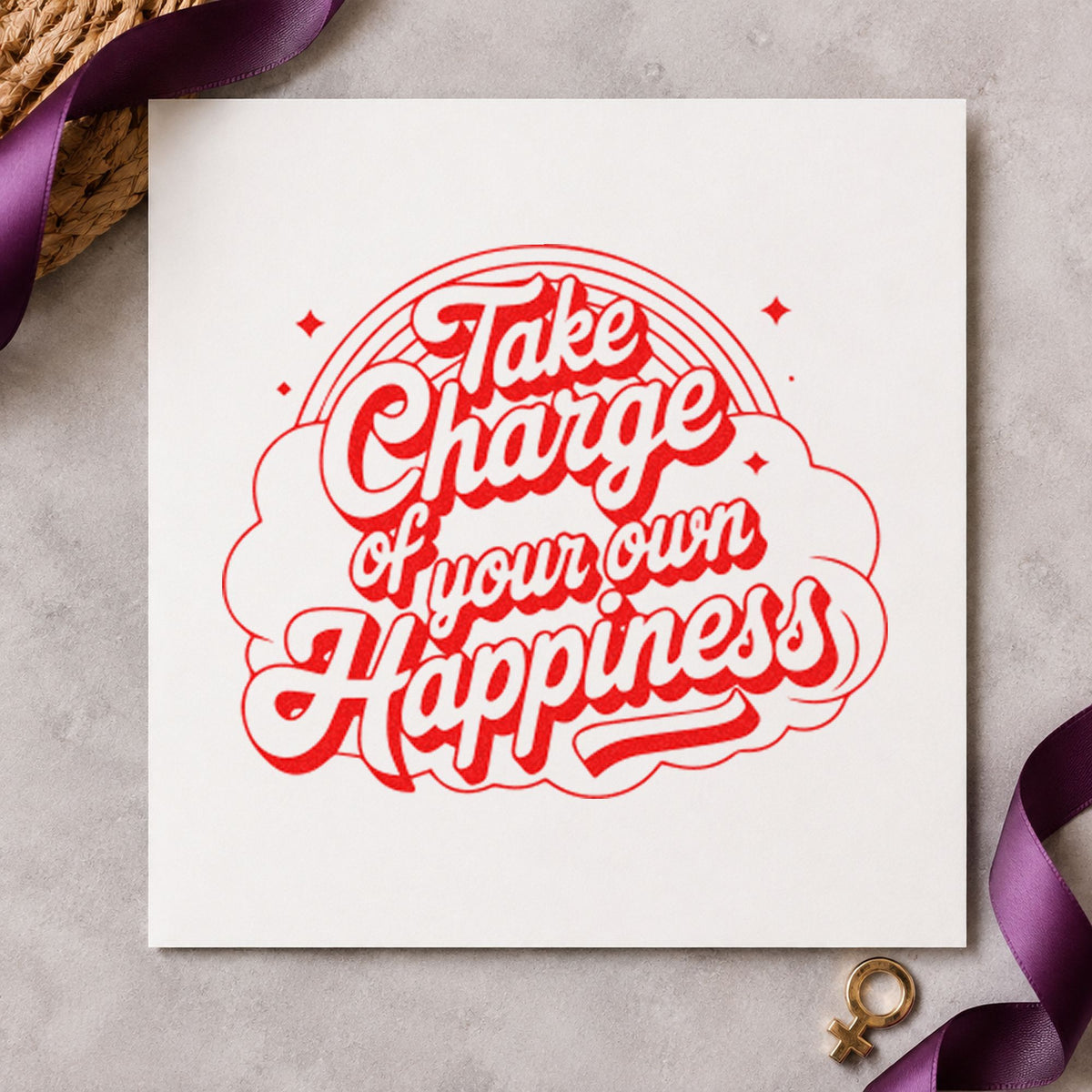 Take Charge Own Happiness craft stamp imprint in red ink on a handmade project, one idea being project queue cards.