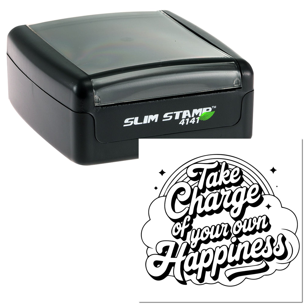 Black Slim Stamp 4141 self-inking stamp and custom seal with clear lid, black-and-white Take Charge of Your Own Happiness design.