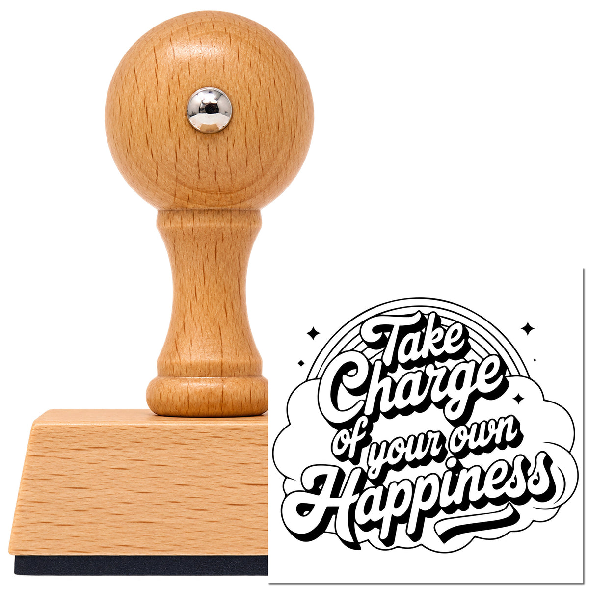 Vintage Pro beech wood stamp with a round knob handle, shown with its black Take Charge Of Your Own Happiness imprint on white.