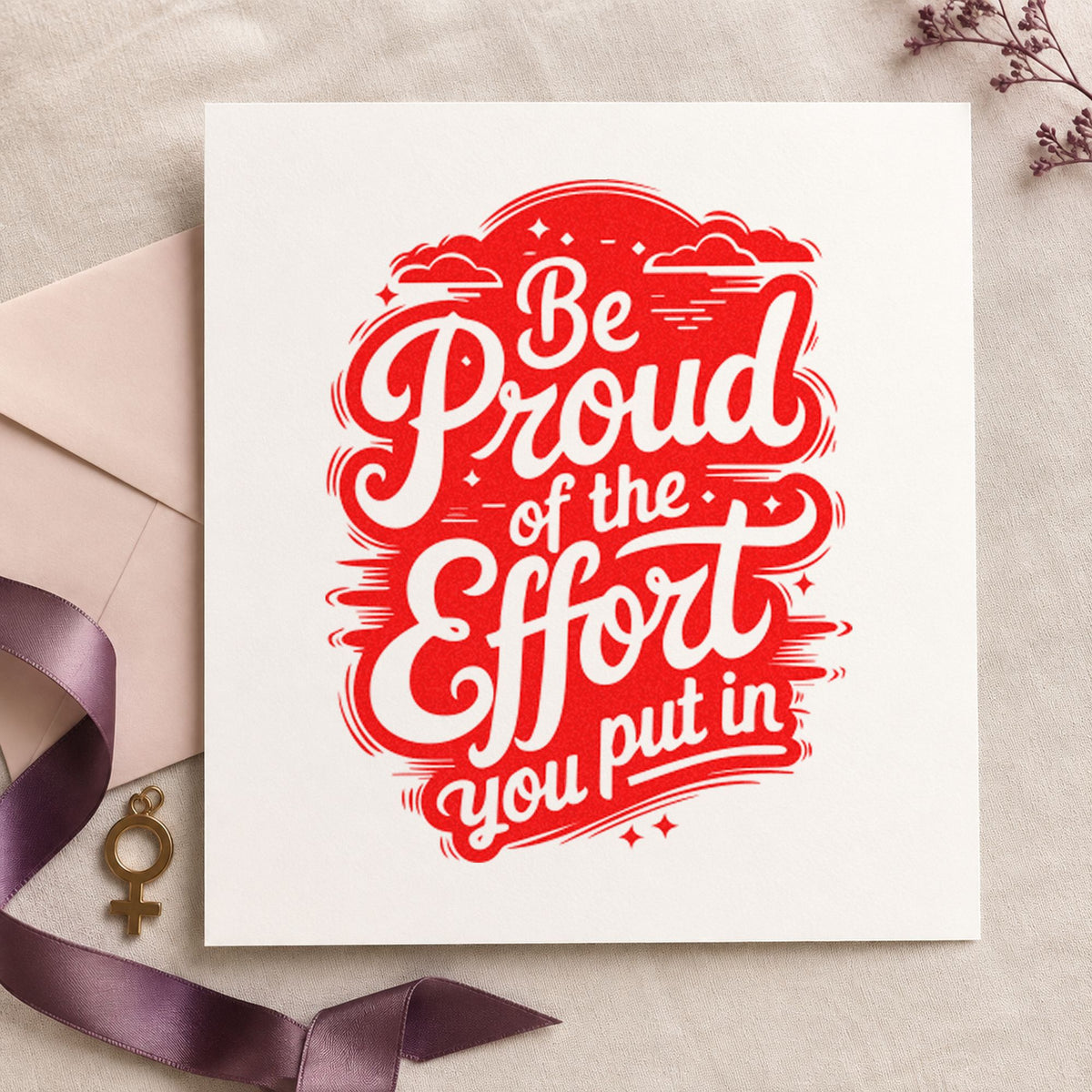Be Proud Your Effort craft stamp imprint in red ink on a handmade project, one idea being effort note cards.