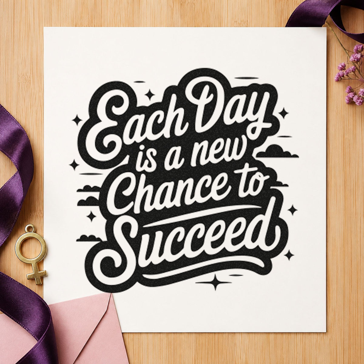 Each Day Chance Succeed craft stamp in black ink on cardstock, an easy option for round album page.
