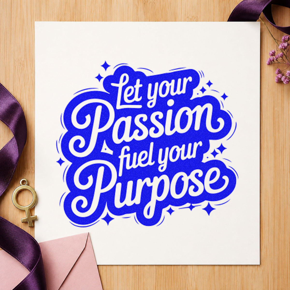 Passion Fuel Your Purpose craft stamp in blue ink on cardstock, an easy option for table cover printing.