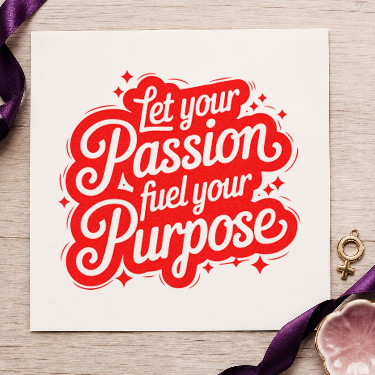 Passion Fuel Your Purpose craft stamp imprint in red ink on a handmade project, one idea being project step cards.
