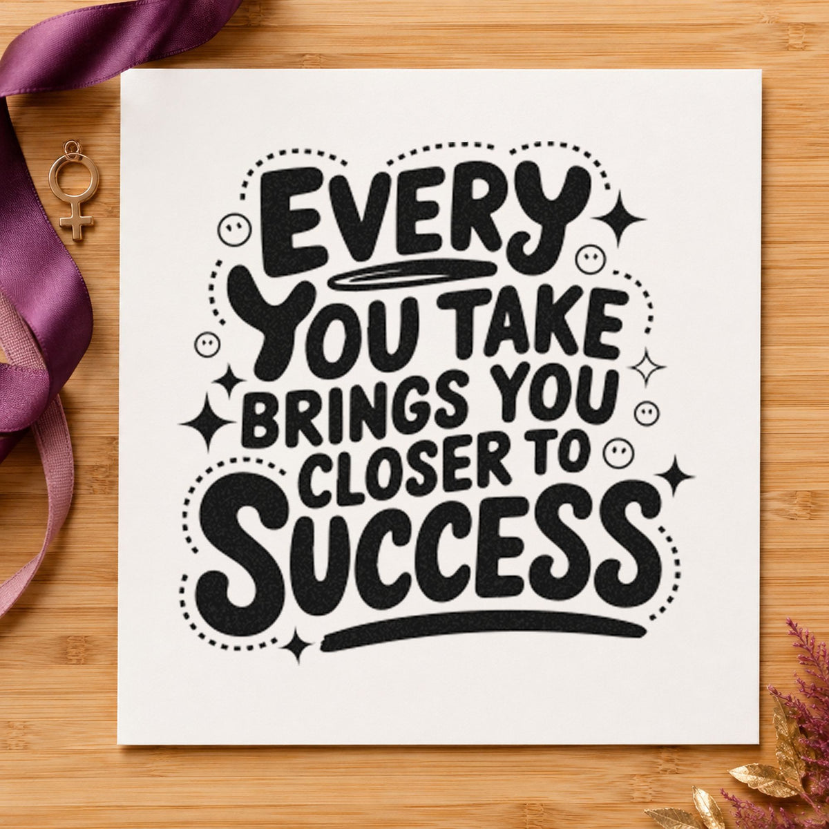 Closer to Success Lettering craft stamp imprint in black ink on a handmade project, one idea being training vest tags.