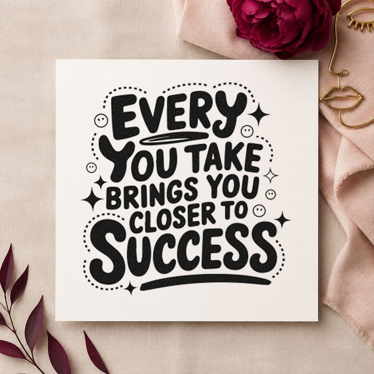 Closer to Success Lettering rubber stamp printed in black ink, ready for skill stage sheet and similar paper crafts.