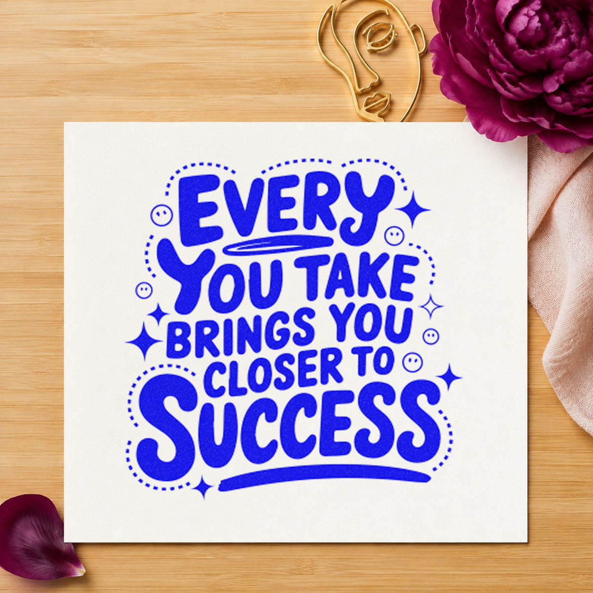 Closer to Success Lettering craft stamp in blue ink on cardstock, an easy option for puppy vest printing.
