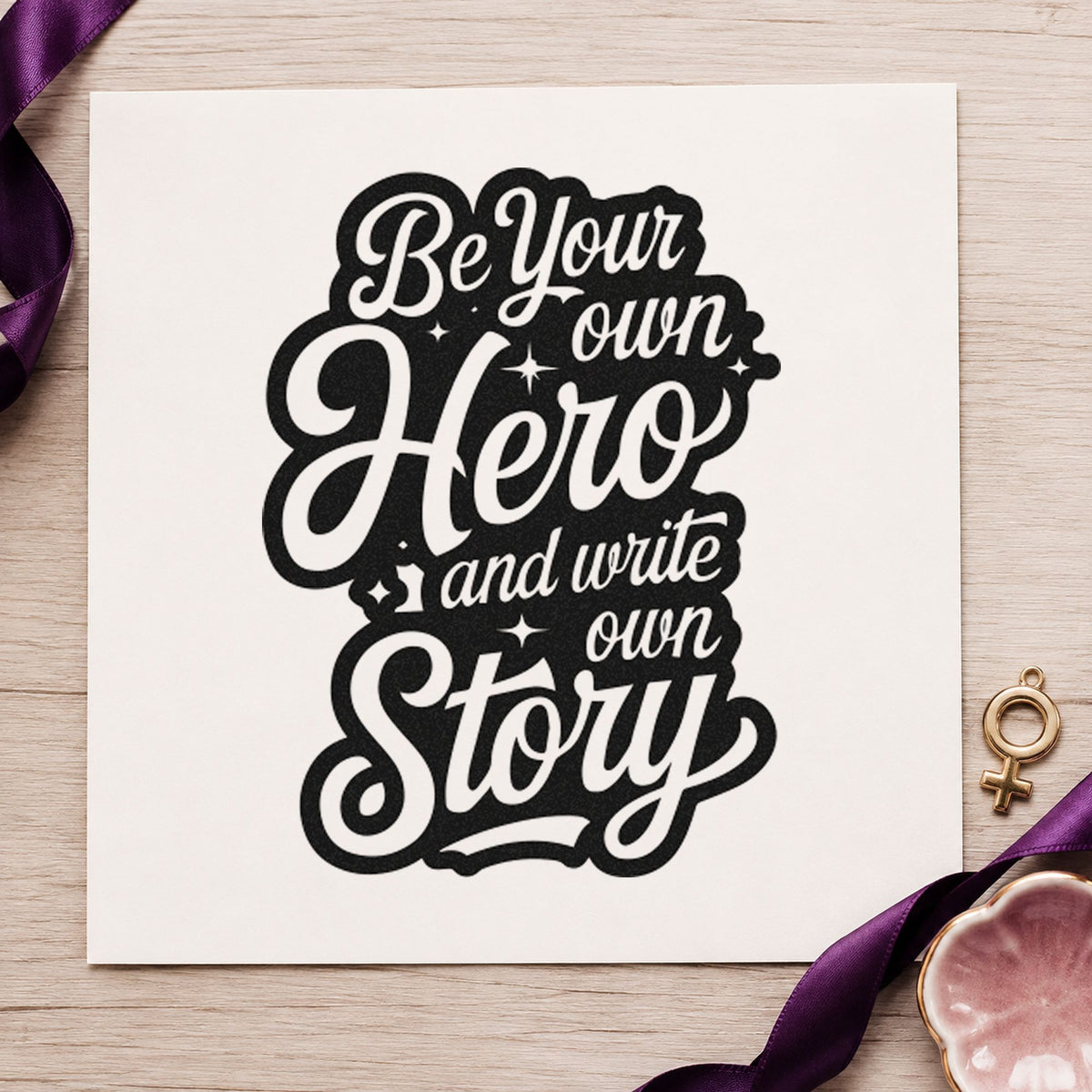 Own Hero Own Story craft stamp imprint in black ink on a handmade project, one idea being dice set gift tags.