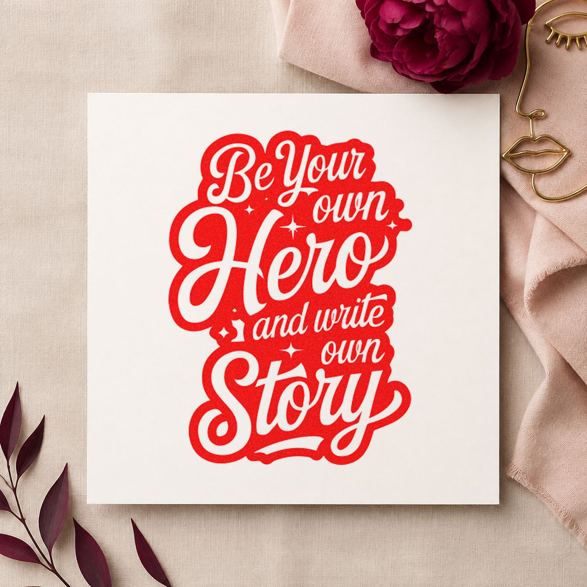 Own Hero Own Story rubber stamp shown in red ink, stamped for projects such as bin miniature labels.