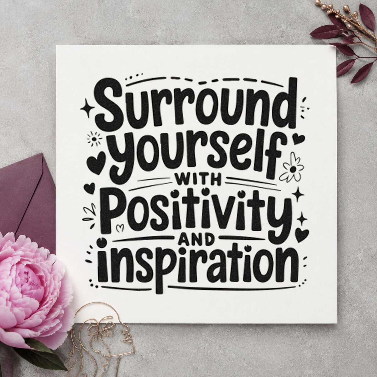 Surround Yourself With Positivity craft stamp in black ink on cardstock, an easy option for board year album page.