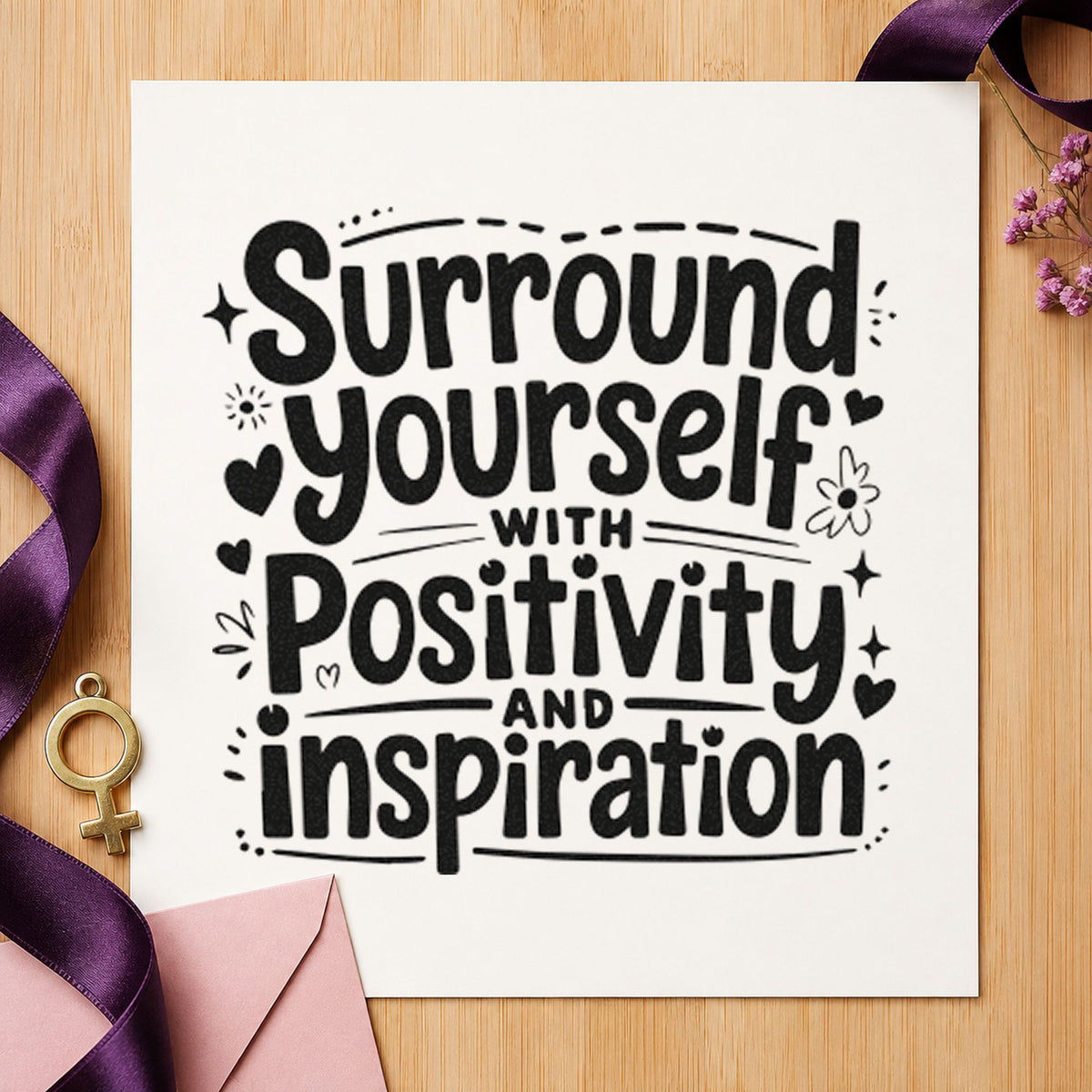 Surround Yourself With Positivity craft stamp imprint in black ink on a handmade project, one idea being free sample tags.