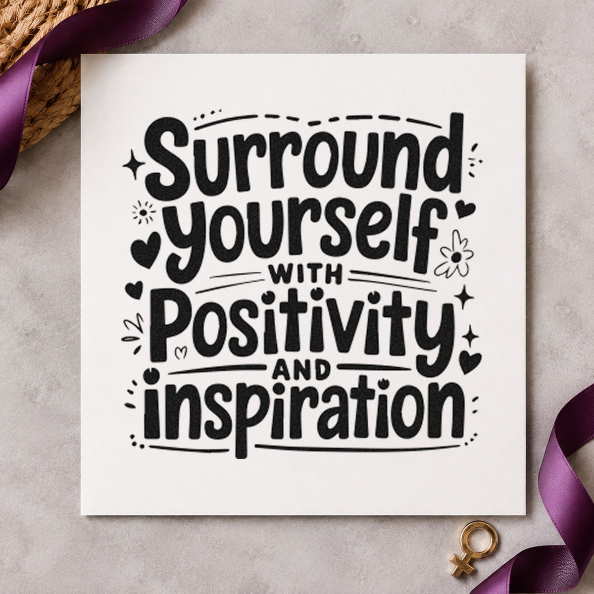Surround Yourself With Positivity rubber stamp printed in black ink, ready for notice rota sheet and similar paper crafts.
