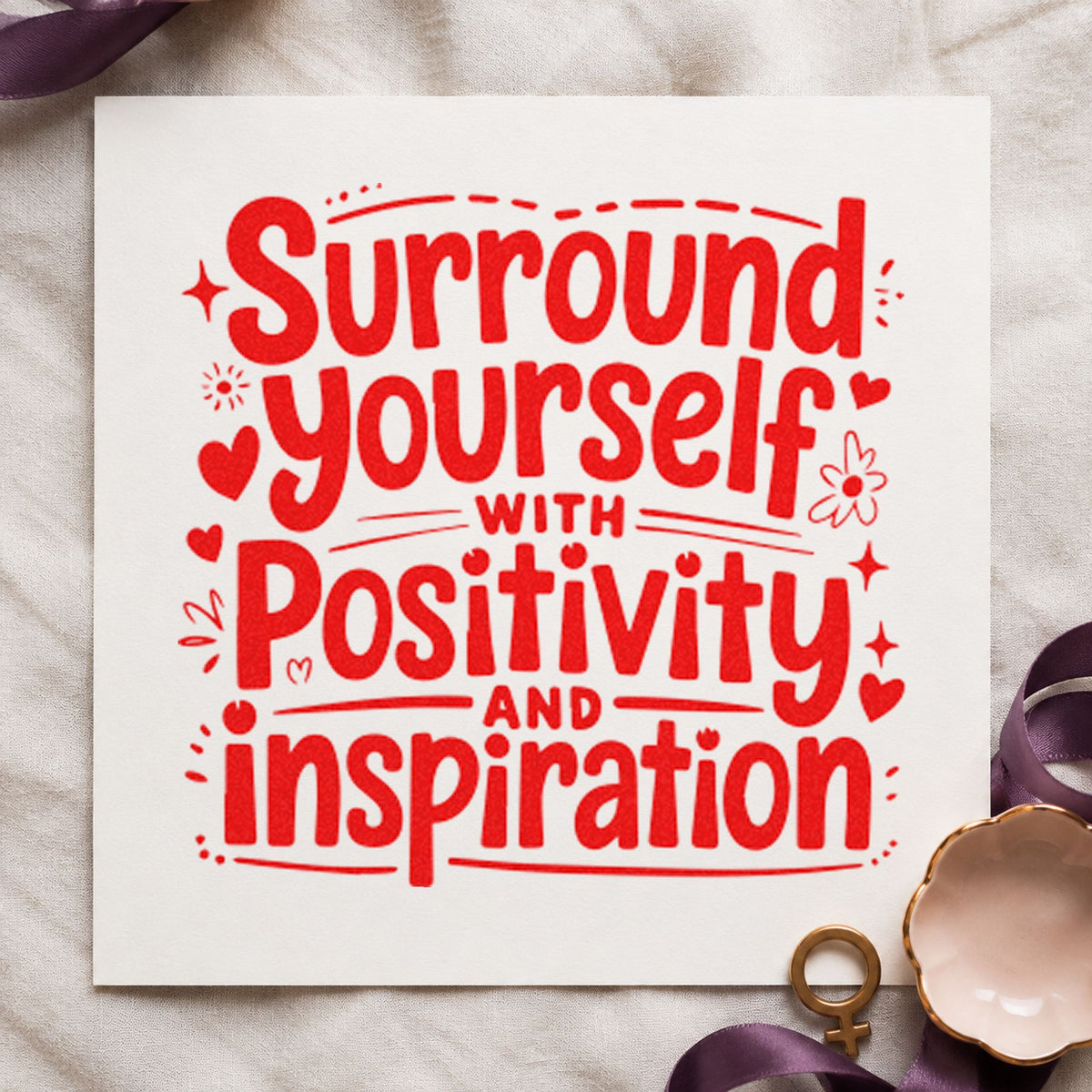 Surround Yourself With Positivity rubber stamp shown in red ink, stamped for projects such as bin pin labels.