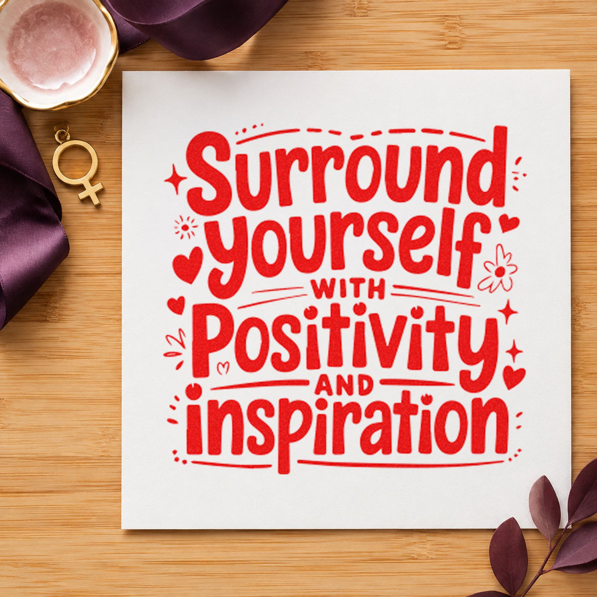 Surround Yourself With Positivity craft stamp imprint in red ink on a handmade project, one idea being blank notice cards.