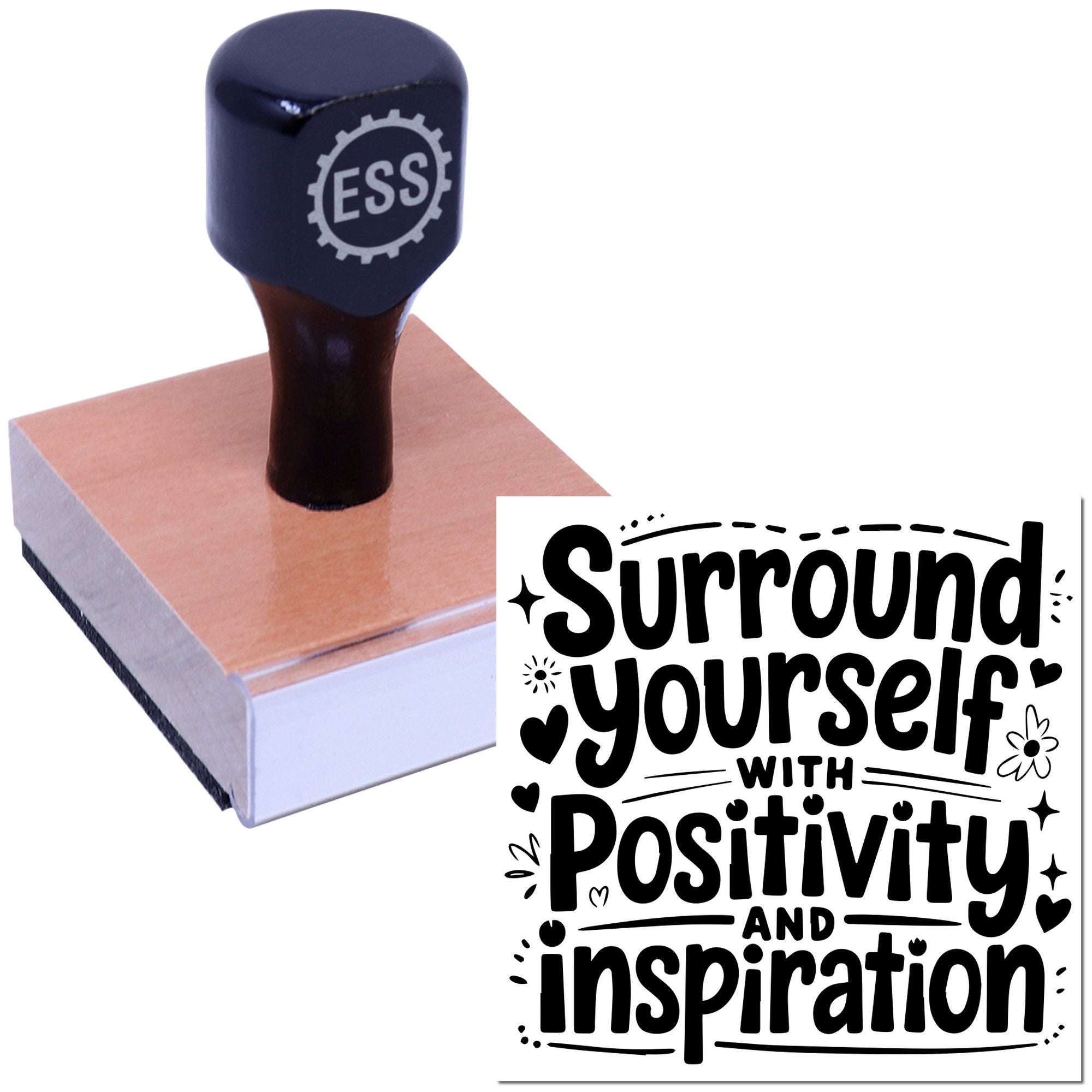 Navy self-inking stamp and seal with ESS logo on beige block, showing black Surround yourself with positivity and inspiration design.