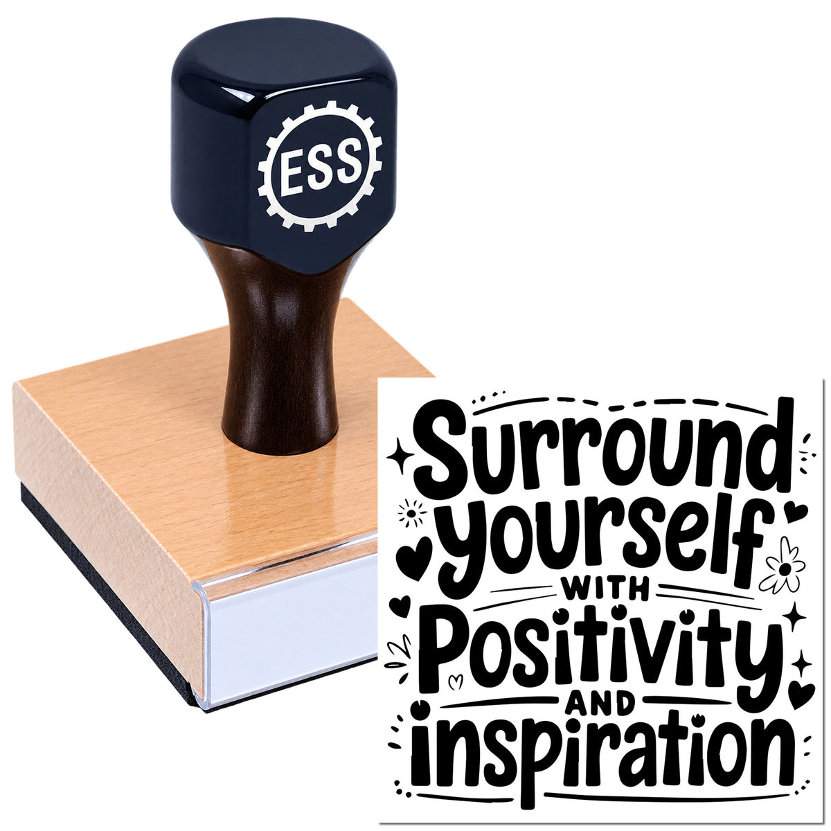 Navy self-inking stamp and seal with ESS logo on beige block, showing black "Surround yourself with positivity and inspiration" design.