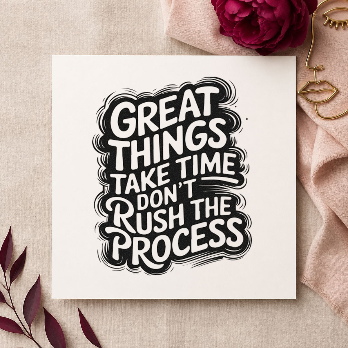 Great Things Take Time craft stamp in black ink on cardstock, an easy option for sugaring album page.