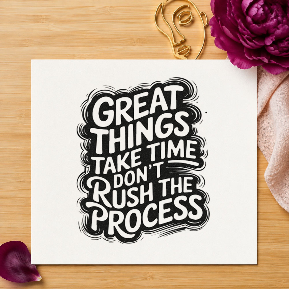 Great Things Take Time craft stamp imprint in black ink on a handmade project, one idea being syrup bottle tags.