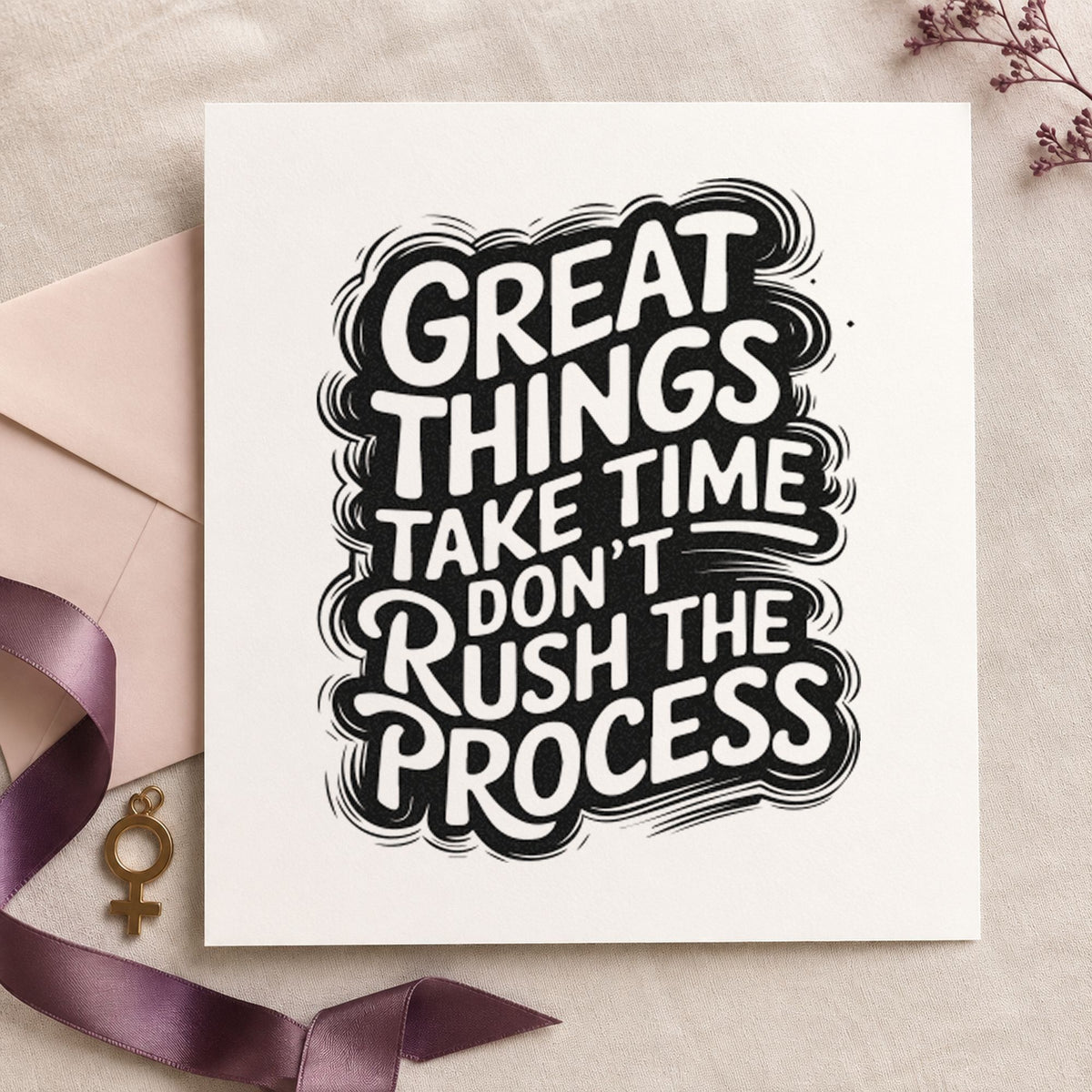 Great Things Take Time rubber stamp printed in black ink, ready for boil log sheet and similar paper crafts.