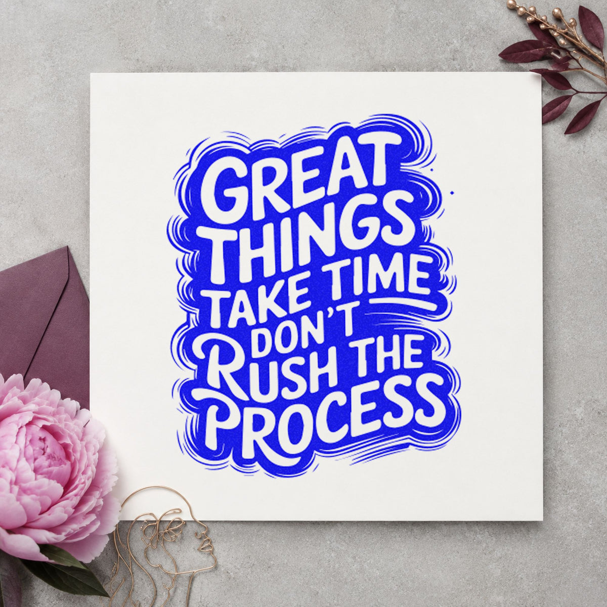 Great Things Take Time craft stamp in blue ink on cardstock, an easy option for sugarhouse apron printing.